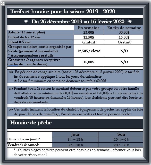 Poissons des chenaux :Tarifs & Horaire 2018/2019